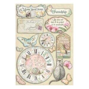 Wooden Shapes A5-Clock & Labels. Orchids & Cats