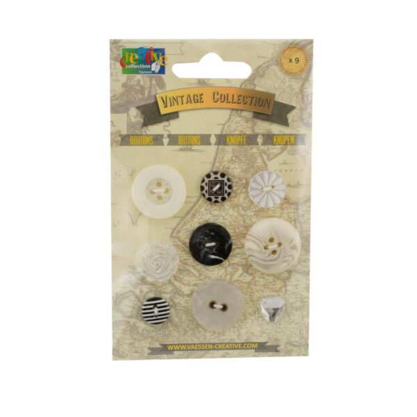 Vintage boutons assortiment noir & blanc 9pcs